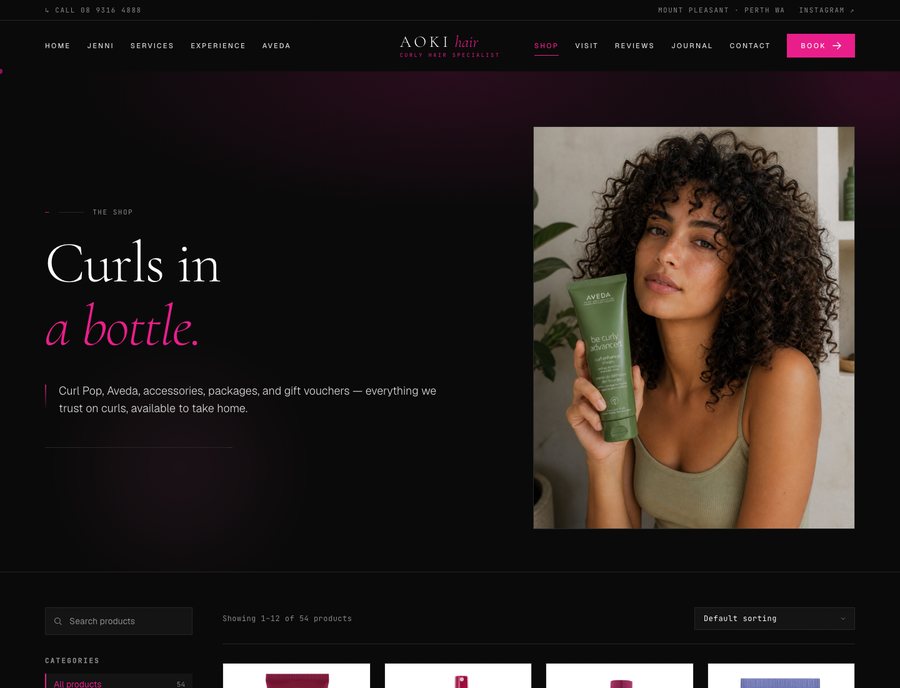 The Aoki Hair online shop OTW built, stocking the salon's Aveda range.