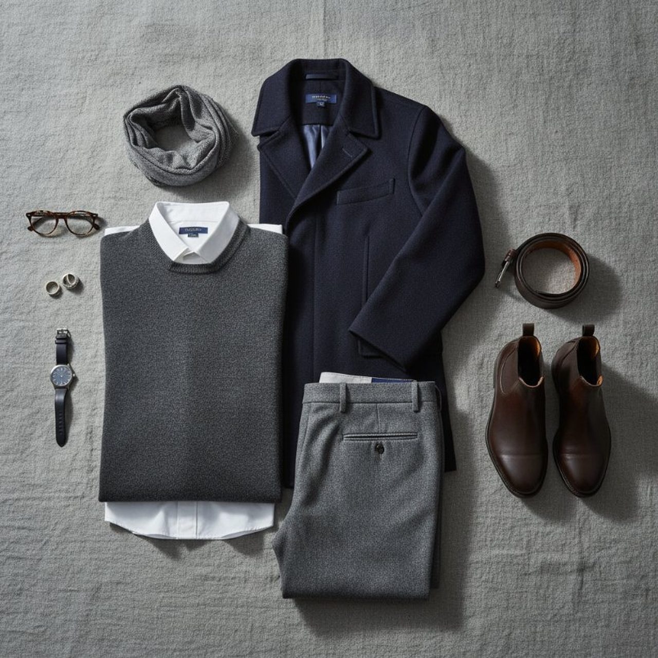 An Atelier Wardrobe flat-lay: a cold-weather look the app composed on-profile, laid out on linen — navy overcoat, charcoal knit, cool grey trousers, dark brown chelsea boots.