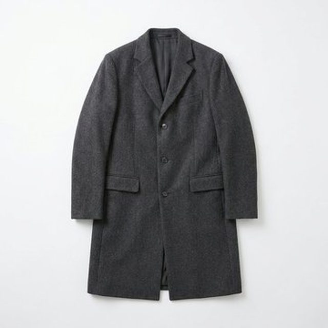 A charcoal grey wool overcoat, photographed flat for the app to judge.