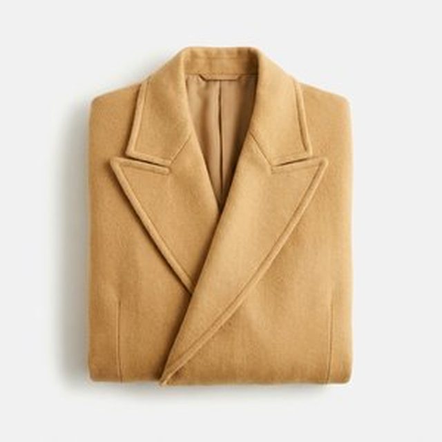 A camel tan wool overcoat, photographed flat for the app to judge.