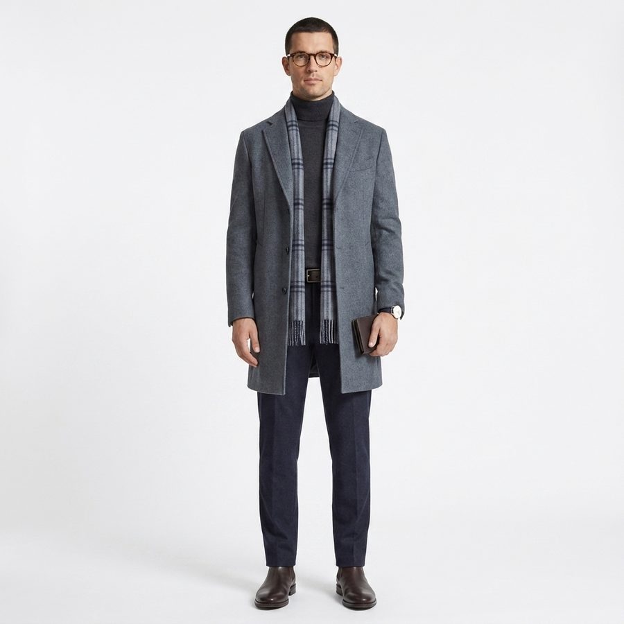 The app's render of the figure in a smart-casual look: grey overcoat, navy roll-neck, plaid scarf.