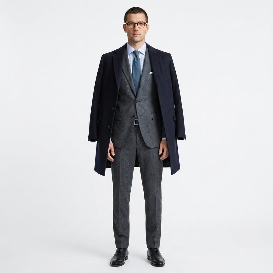 The app's render of the figure in a business look: navy overcoat over a charcoal suit and blue tie.