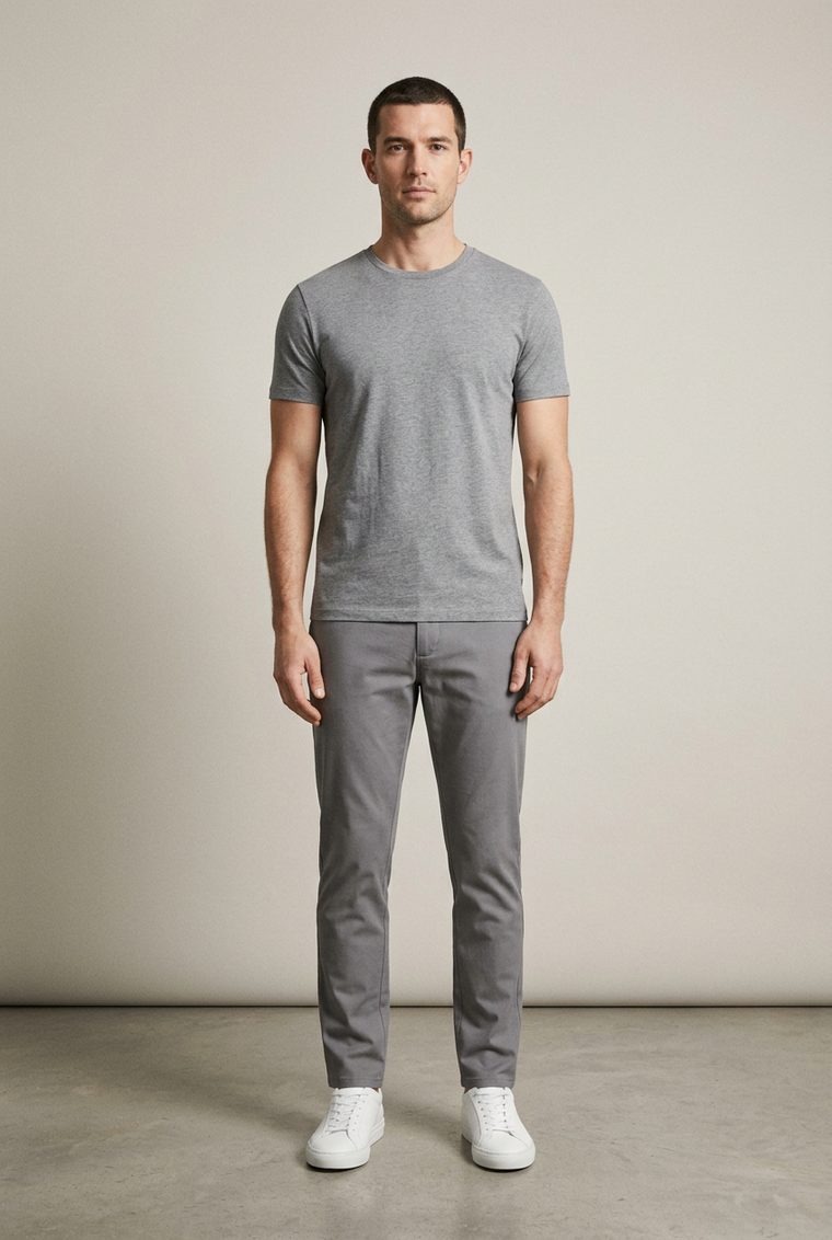 The base photo the app dresses: a neutral figure in a plain grey tee and trousers.