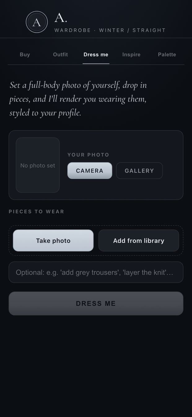 The Dress me screen of Atelier Wardrobe.