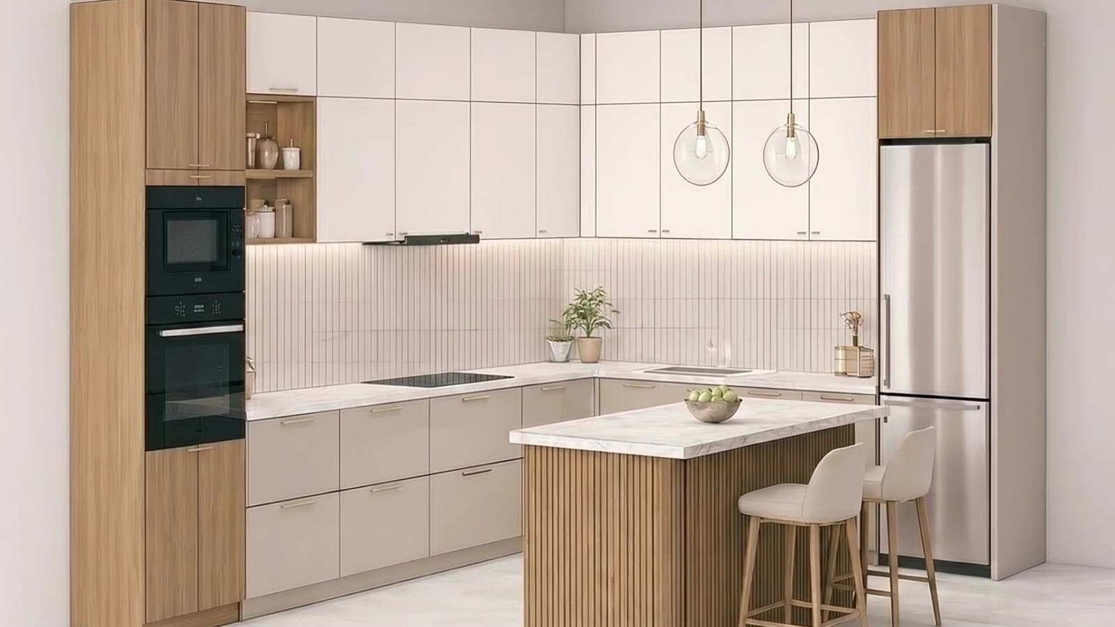 A bespoke kitchen by Prestige Cabinetry Perth, with warm timber and off-white cabinetry and a marble waterfall island.