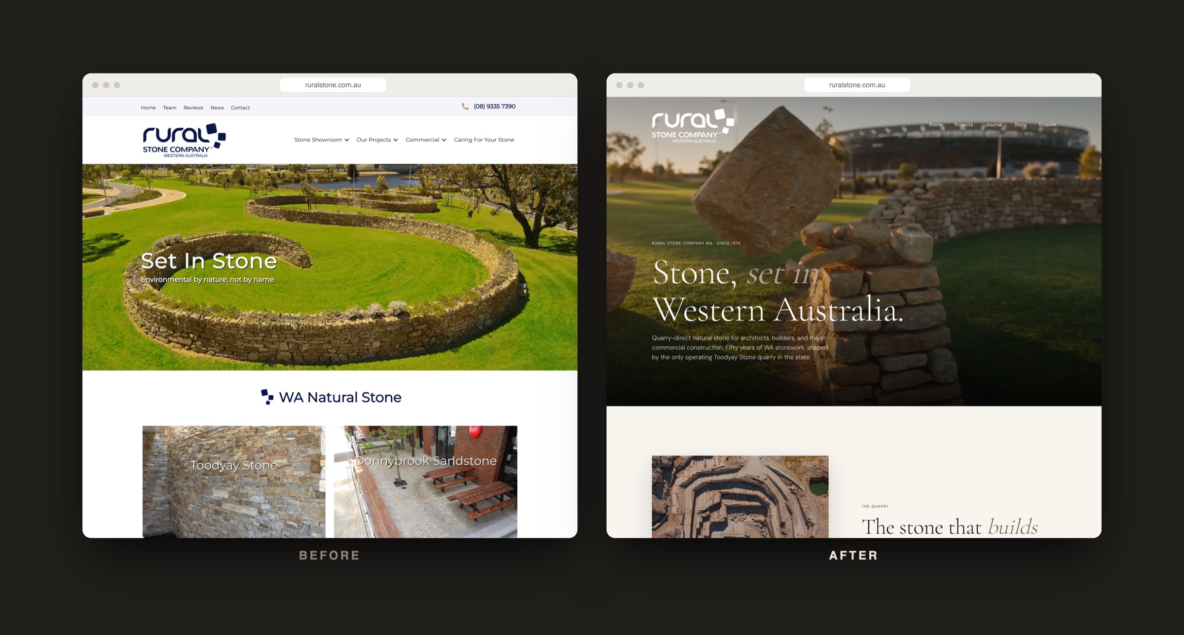 Before and after comparison of the Rural Stone website. The old site is a busy template, the new site is restrained and editorial.