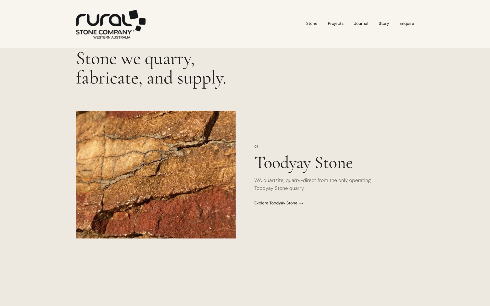 Editorial section of the site reading Stone we quarry, fabricate, and supply, beside a close-up of Toodyay Stone.